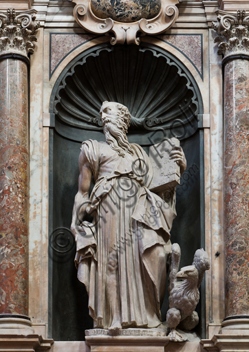 , Genoa, Duomo (St. Lawrence Cathedral), inside, the presbiter, North wall: "St. John the Evangelista", 1540, statue by Giovanni Angelo Montorsoli.