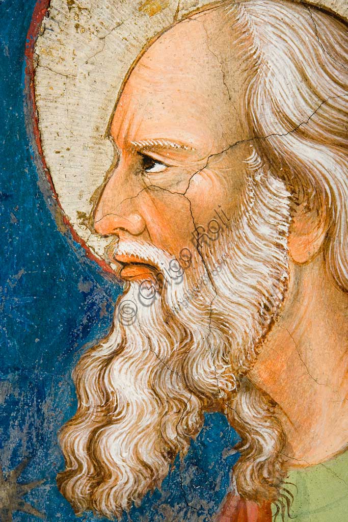 Vignola Stronghold, the Contrari Chapel, Eastern wall: "St John Evangelist". Fresco by the Master of Vignola, about 1420. Detail of the face with a white beard.