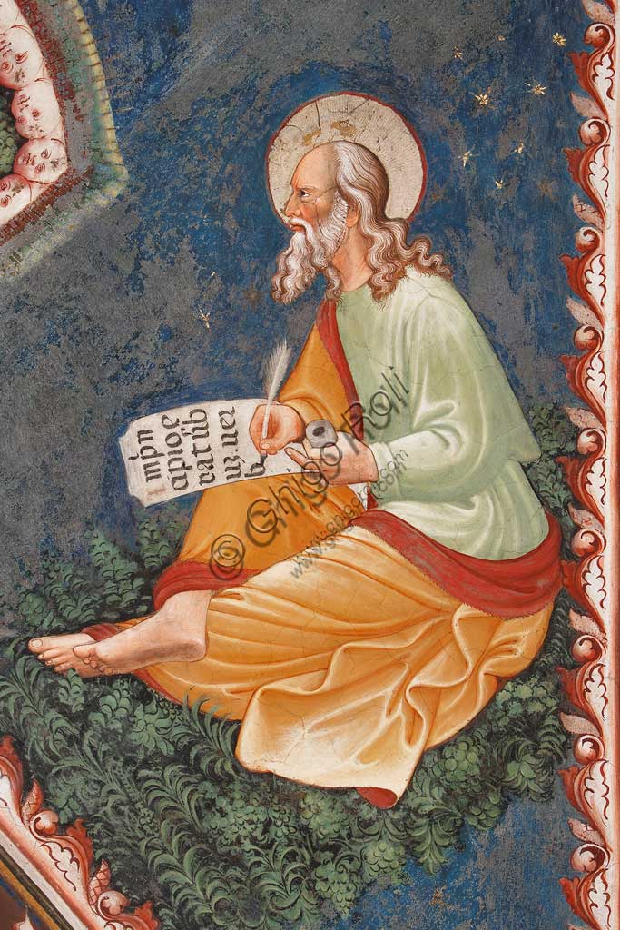 Vignola Stronghold, the Contrari Chapel, Eastern wall: "St John Evangelist" writing "In principio erat Verbum". Fresco by the Master of Vignola, about 1420.