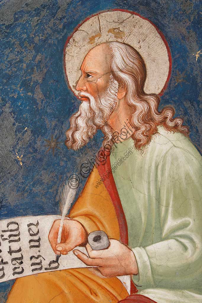 Vignola Stronghold, the Contrari Chapel, Eastern wall: "St John Evangelist" writing "In principio erat Verbum". Fresco by the Master of Vignola, about 1420. Detail.