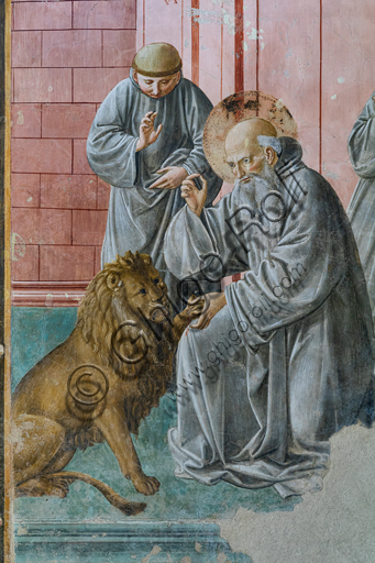 Montefalco, Museum of St. Francis, Church of St. Francis, Chapel of St. Jerome: frescoes by Benozzo Gozzoli, 1452. Deail with St. Jerome taking the thorn from the lion's paw.