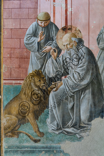 Montefalco,  Complesso Museale di San Francesco, Chiesa di San Francesco,  Cappella di S. Gerolamo: affreschi di Benozzo Gozzoli, 1452.  Particolare con S. Girolamo che toglie la spina dalla zampa del leone.