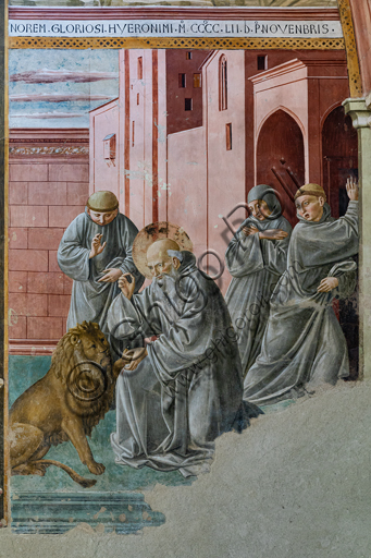 Montefalco,  Complesso Museale di San Francesco, Chiesa di San Francesco,  Cappella di S. Gerolamo: affreschi di Benozzo Gozzoli, 1452.  Particolare con S. Girolamo che toglie la spina dalla zampa del leone.