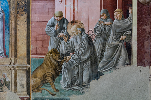 Montefalco,  Complesso Museale di San Francesco, Chiesa di San Francesco,  Cappella di S. Gerolamo: affreschi di Benozzo Gozzoli, 1452.  Particolare con S. Girolamo che toglie la spina dalla zampa del leone.