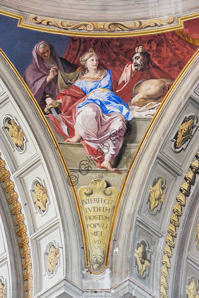Rome, S. Ignazio Church, interior: detail of one of the pendentives of the false dome of the transept: "Judith killing Holofernes ", fresco by Andrea Pozzo, 1685.