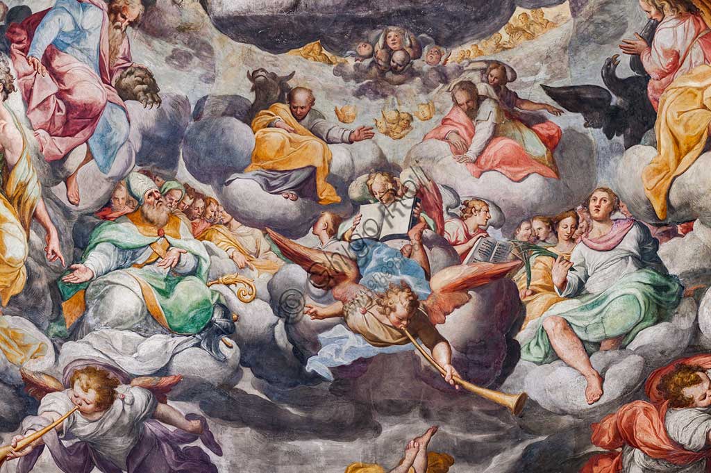 Basilica di San Prospero, abside: "Giudizio finale", affresco di Camillo Procaccini (1585 - 1587). Particolare con angeli musicanti.