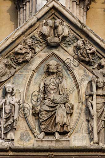 Ferrara, the Cathedral dedicated to St. George, façade: detail of the tympanum with the "Last Judgement".