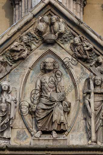 Ferrara, the Cathedral dedicated to St. George, façade: detail of the tympanum with the "Last Judgement".