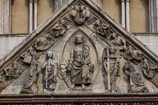 Ferrara, the Cathedral dedicated to St. George, façade: detail of the tympanum with the "Last Judgement".