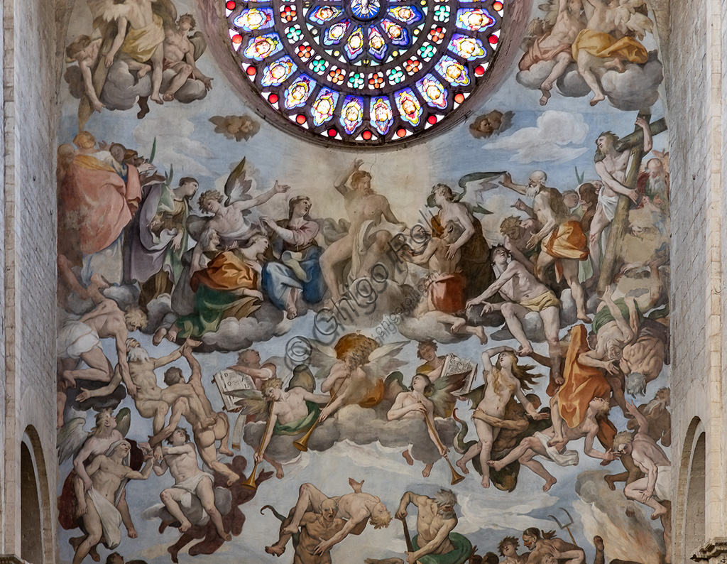  Todi, Cathedral of Santissima Annunziata or Duomo: the Counterfaçade with the fresco "The Last Judgement", by Ferraù Fenzoni known as Ferraù da Faenza, or il Faezone, 1596 and the rose. Detail.