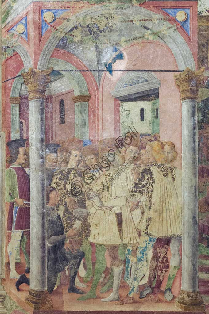 Ferrara, Palazzo Schifanoia, Salone dei Mesi, Fascia inferiore degli affreschi del mese di "Giugno": Scene di vita della corte di Borso D'Este,  su progetto di Cosmé Tura e realizzato da pittori di scuola ferrarese, circa 1468 - 1470.  Particolare.