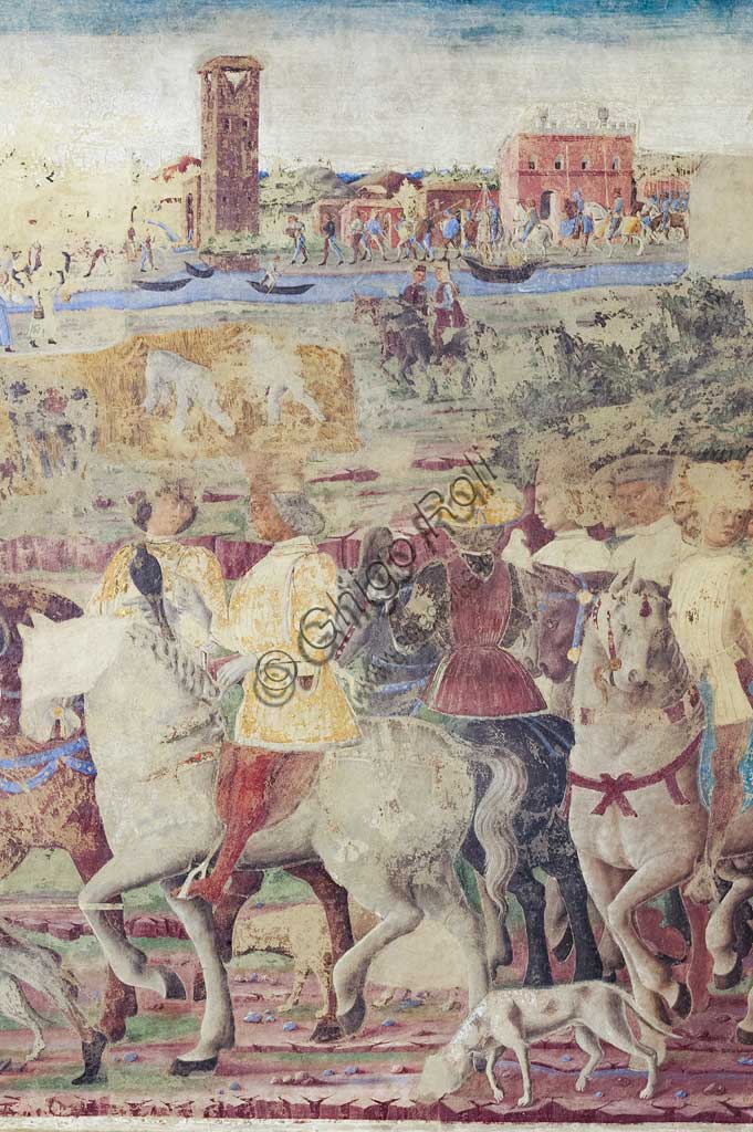 Ferrara, Palazzo Schifanoia, Salone dei Mesi, Fascia inferiore degli affreschi del mese di "Giugno": Scene di vita della corte di Borso D'Este,  su progetto di Cosmé Tura e realizzato da pittori di scuola ferrarese, circa 1468 - 1470.  Particolare.