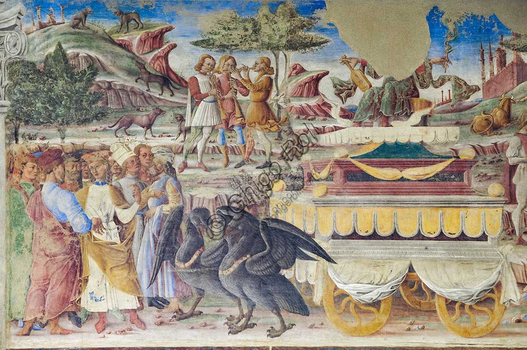 Ferrara, Palazzo Schifanoia, Salone dei Mesi, Parete Nord: "Giugno", con il trionfo di Mercurio, su progetto di Cosmé Tura e realizzato da pittori di scuola ferrarese, circa 1468 - 1470. 