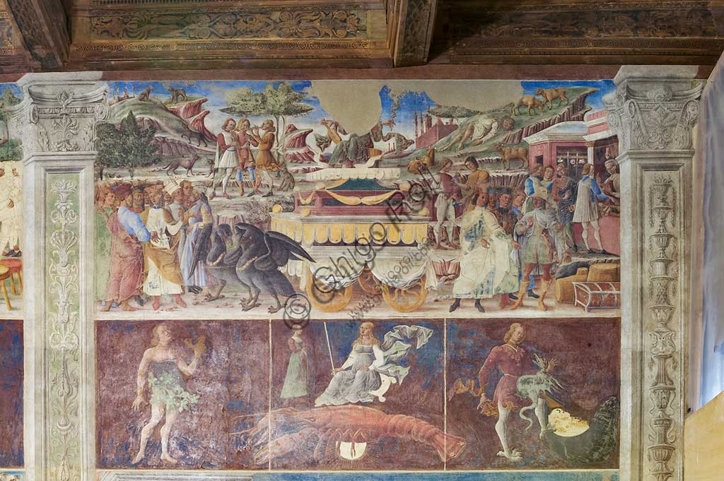 Ferrara, Palazzo Schifanoia, Salone dei Mesi, Parete Nord: "Giugno", con il trionfo di Mercurio, con il segno zodiacale del Cancro e i tre Decani,  su progetto di Cosmé Tura e realizzato da pittori di scuola ferrarese, circa 1468 - 1470. 