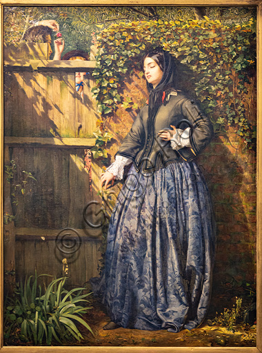  "Broken Vows", (1856) by Philip Hermogenes Calderon (1833-1898); oil painting on canvas. The rose bud is the symbol of a new love, the lily represents the grief and ivy is the symbol of loyalty.