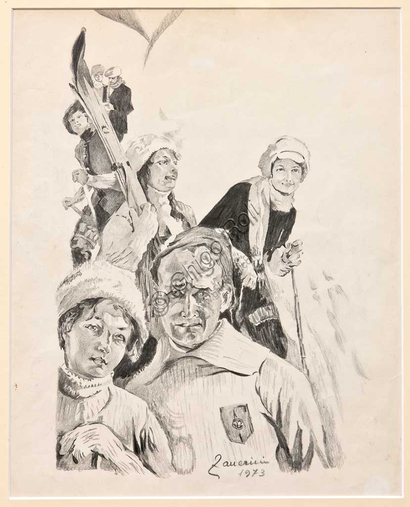 Assicoop - Unipol Collection:Remo Zanerini, "Skiers", pencil on paper, 1973.