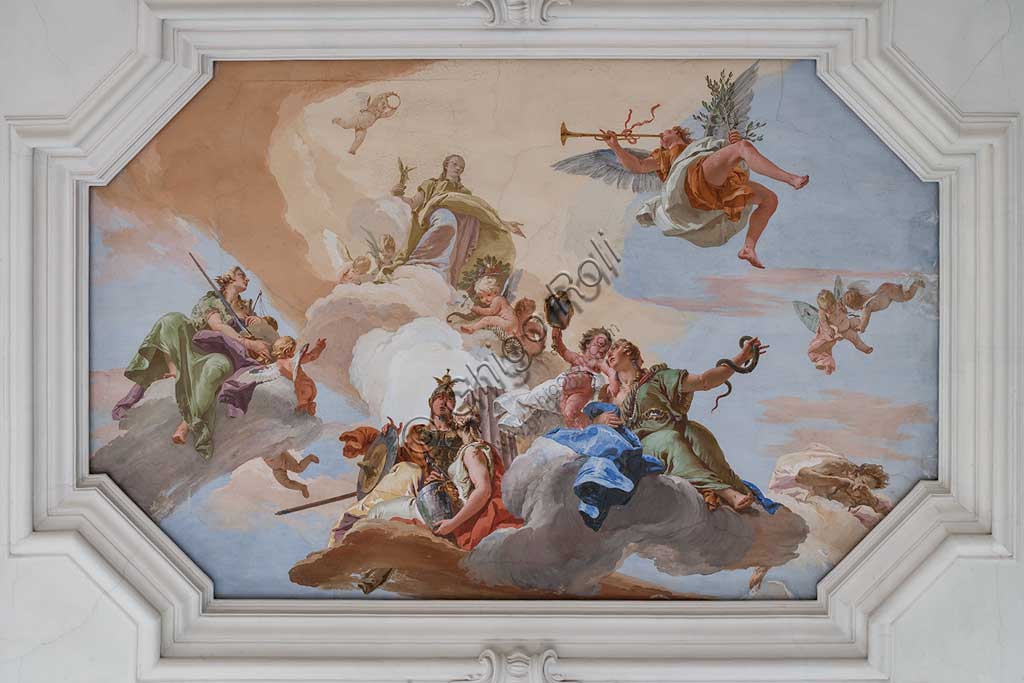 Villa Loschi  Motterle (formerly Zileri e Dal Verme), the hall of honour, the ceiling: "The Glory among the Virtues" (the Fame, with the trumpet, announces the arrival of the Glory, aluminous and golden figure. She is surrounded by the Justice with a sword and a scale, the Fortress with an armour, the Temperance and the Prudence which has two faces), fresco by Giambattista Tiepolo (1734).