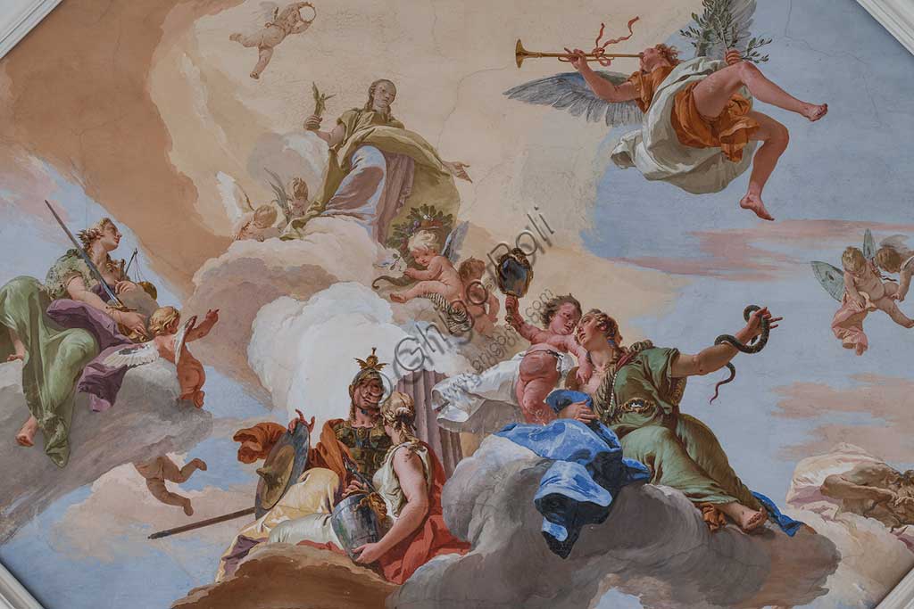 Villa Loschi  Motterle (formerly Zileri e Dal Verme), the hall of honour, the ceiling: "The Glory among the Virtues" (the Fame, with the trumpet, announces the arrival of the Glory, aluminous and golden figure. She is surrounded by the Justice with a sword and a scale, the Fortress with an armour, the Temperance and the Prudence which has two faces), fresco by Giambattista Tiepolo (1734).