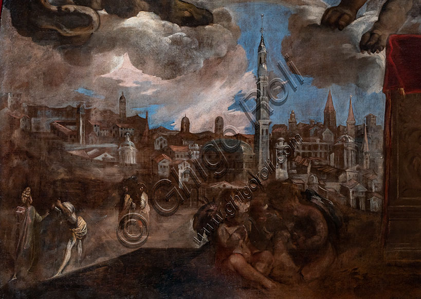 “Glorificazione del podestà Girolamo Priuli”, di Francesco Maffei, olio su tela, 1649.  In basso a sinistra è rappresentata Vicenza. Particolare.