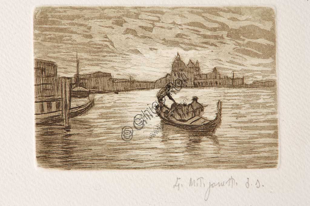 Collezione Assicoop - Unipol: "Il gondoliere", acquaforte e acquatinta su carta bianca, di Giuseppe Miti Zanetti (1859 - 1929).