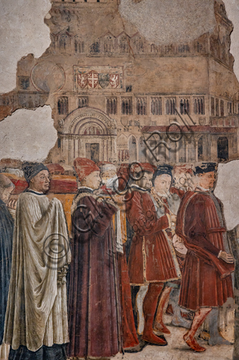 Perugia, Galleria Nazionale dell'Umbria, Cappella dei Priori: Ciclo dedicato alle Storie di S. Ludovico di Tolosa e S. Ercolano, eseguite tra il 1454 e il 1480. Affresco. Il ciclo è caratterizzato da vedute e monumenti della Perugia del Quattrocento. Particolare con gruppo di uomini. 