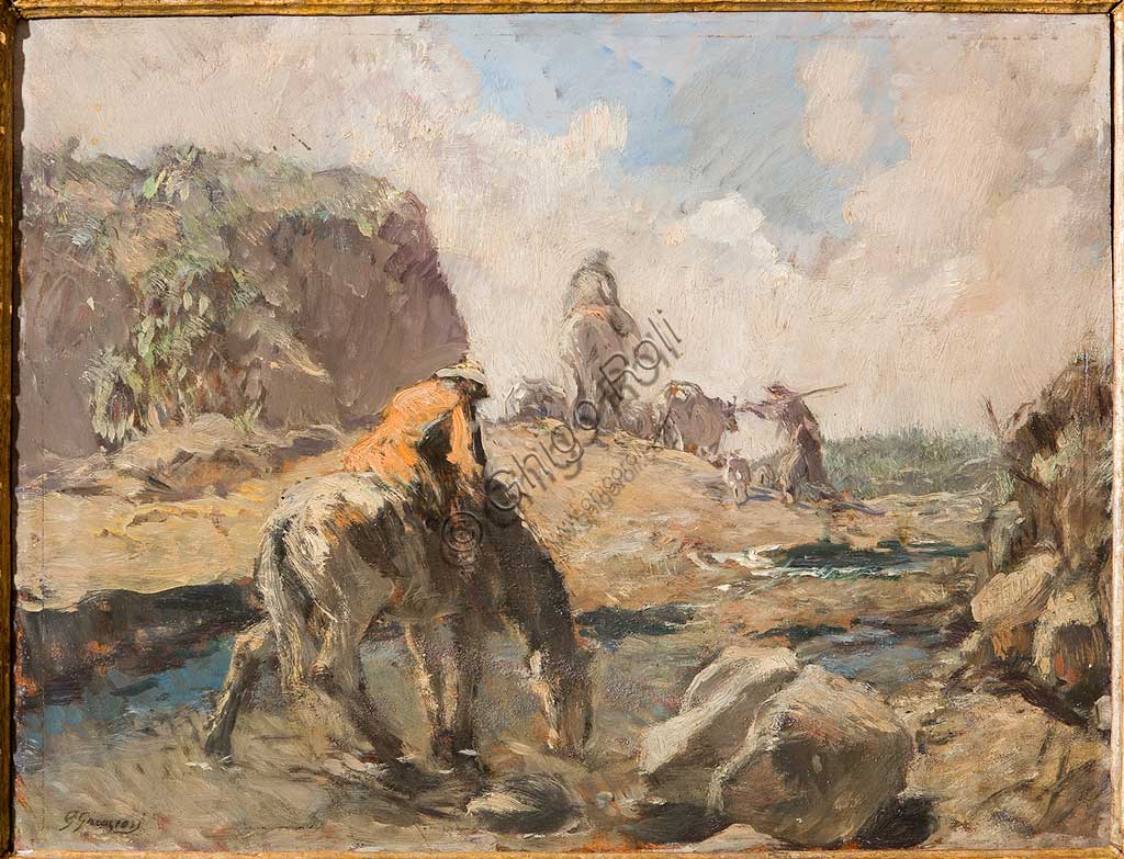 Assicoop - Unipol Collection: Giuseppe Graziosi (1879-1942), "The Ford". Oil on plywood, cm.50 X 65.