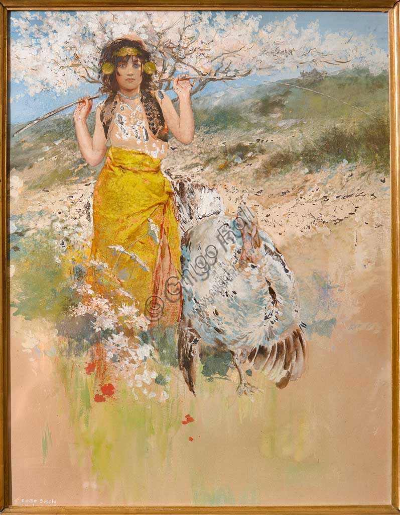 Collezione Assicoop - Unipol: Achille Boschi (1852-1930), "La guardiana di tacchini", 1890. Olio su cartone, tecnica mista, cm. 54 x 40,5.