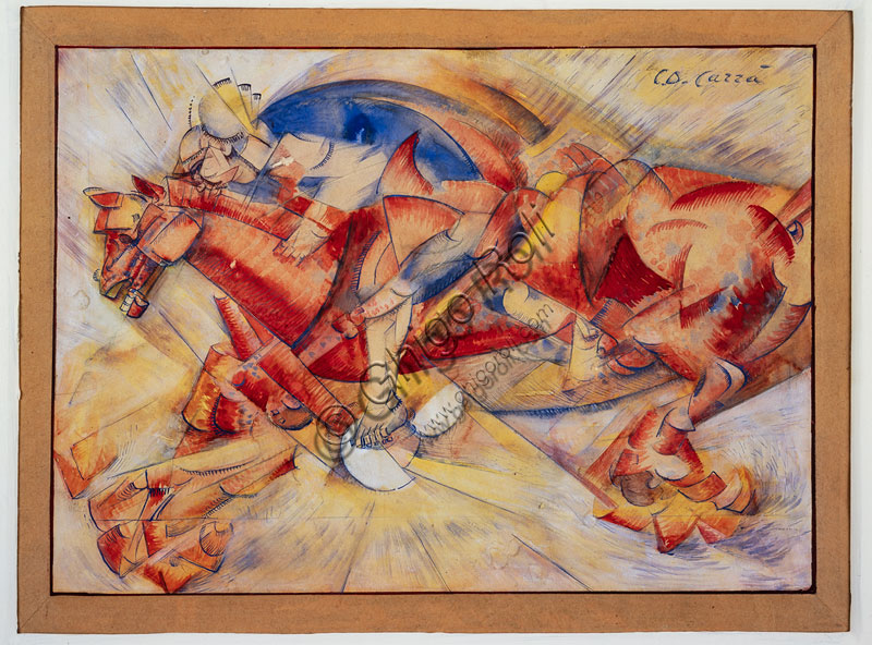 ”Il cavaliere rosso”, di Carlo Carrà, tempera e inchiostro su carta intelata, 1913.