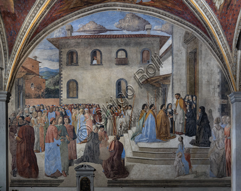 “The Miracle of the Sacrament”, fresco by Cosimo Rosselli (1484-1486). The scene depicts the miracle of 1230. Piazza St. Ambrose is recognizable, with the facade of the church.Florence, Church of St. Ambrose, chapel of the Miracle of the Sacrament.