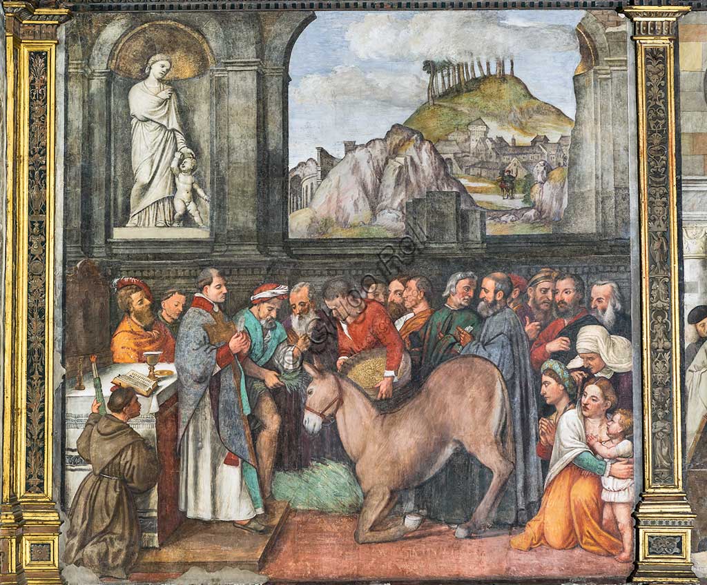   Padua, Basilica di St Anthony or of the Saint, Scuola del Santo (School of the Saint), Salon,  the northern wall: - "The miracle of the mule," fresco by Girolamo Tessari, known as Girolamo Dal Santo, 1515