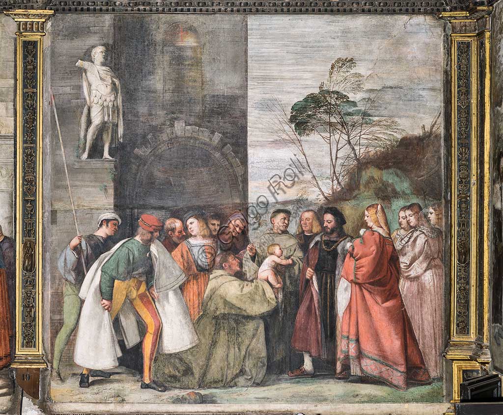 Padova, Basilica di Sant'Antonio o del Santo, Scuola del Santo, Salone, parete nord: “Il neonato proclama l’innocenza della madre", affresco di Tiziano Vecellio, 1511.