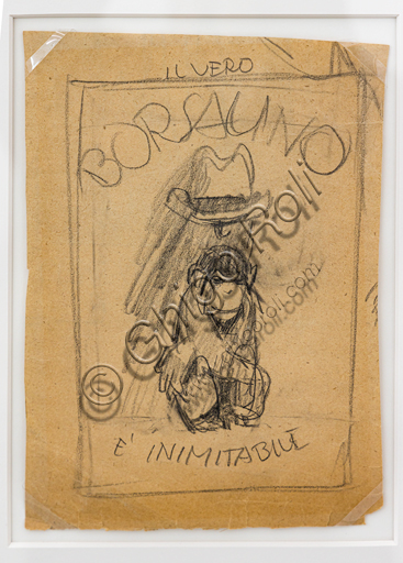 “Il vero Borsalino, è inimitabile”, bozzetto a matita su carta per manifesto pubblicitario di Marcello Dudovich, 1921.