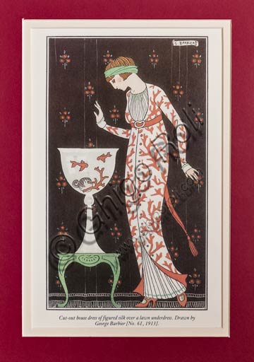 Illustrazione d'epoca  di George Barbier (stile Art Déco): modello di abito (inizio XX secolo).