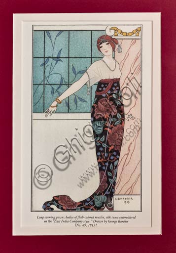 Illustrazione d'epoca  di George Barbier (stile Art Déco): modello di abito (inizio XX secolo).