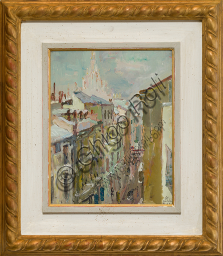 Mario Vellani Marchi (1895 - 1979): "Impressione invernale in via Cavallotti"; olio su compensato, cm 30 x 23,5.