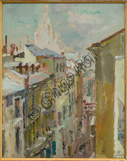 Mario Vellani Marchi (1895 - 1979): "Impressione invernale in via Cavallotti"; olio su compensato, cm 30 x 23,5.