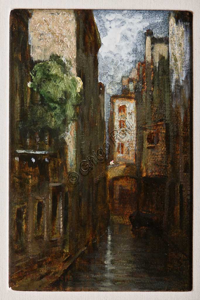 Collezione Assicoop Unipol:  Giuseppe Miti Zanetti, "Impressioni di un rio", olio su cartone. Recto.