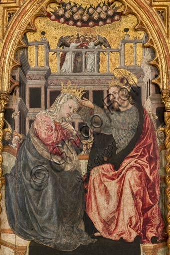 Modena, Galleria Estense: polittico su fondo oro "Incoronazione della Vergine e Santi", (1462 - 1466), tempera su tavola , cm. 288 x 220 , di Agnolo e Bartolomeo degli Erri. Dettaglio.