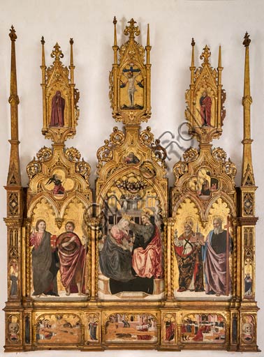  Modena, Galleria Estense: Polyptych on golden background "Coronation of the virgin and Saints", tempera panel painting, cm. 288 x 220 , by Agnolo e Bartolomeo degli Erri.