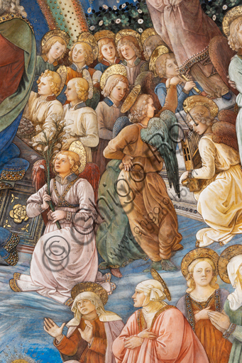  Spoleto, the Duomo (Cathedral of S. Maria Assunta), presbytery, apse bowl-shaped vault: "Coronation of Mary", fresco by Filippo Lippi, helped by Fra' Diamante and Pier Matteo d'Amelia, 1468-9. Detail with saints and angels.