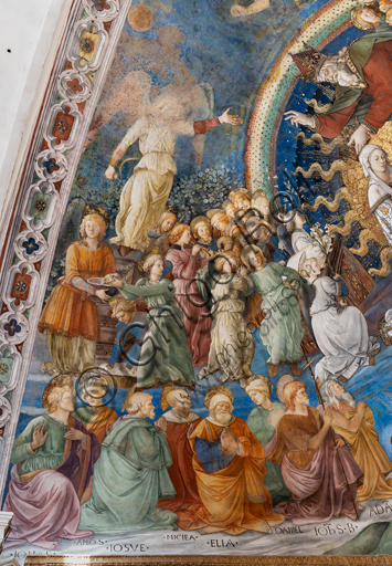  Spoleto, the Duomo (Cathedral of S. Maria Assunta), presbytery, apse bowl-shaped vault: "Coronation of Mary", fresco by Filippo Lippi, helped by Fra' Diamante and Pier Matteo d'Amelia, 1468-9. Detail with saints and angels.