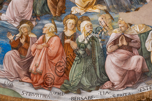  Spoleto, the Duomo (Cathedral of S. Maria Assunta), presbytery, apse bowl-shaped vault: "Coronation of Mary", fresco by Filippo Lippi, helped by Fra' Diamante and Pier Matteo d'Amelia, 1468-9. Detail with saints.