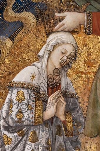 Spoleto, Duomo (Cattedrale di Santa Maria Assunta), presbiterio, catino dell'abside: "Incoronazione di Maria", affresco di Filippo Lippi, con l'aiuto di Fra' Diamante e Pier Matteo d'Amelia, 1468-9. Particolare della Vergine.