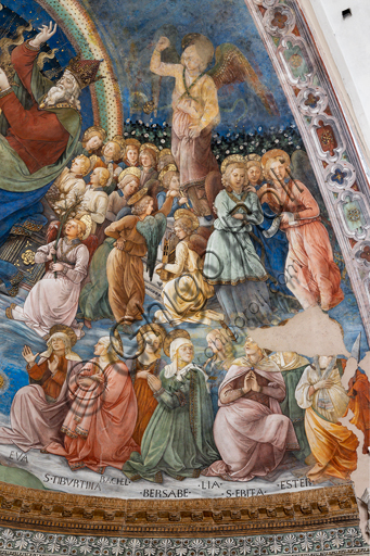  Spoleto, the Duomo (Cathedral of S. Maria Assunta), presbytery, apse bowl-shaped vault: "Coronation of Mary", fresco by Filippo Lippi, helped by Fra' Diamante and Pier Matteo d'Amelia, 1468-9. Detail with saints and angels.