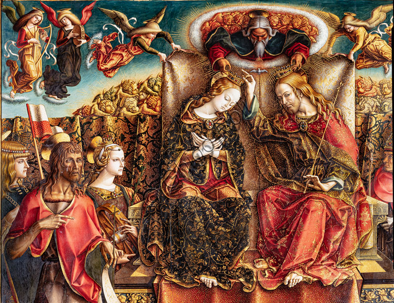 "Coronation of the Virgin Mary with the Trinity, musician angels, St. Venanzio, St. John the Baptist, St. Catherine of Alexandria, St. Augustine, St. Francis of Assisi and St. Sebastian", altarpiece by Carlo Crivelli, late 15th century . Detail.