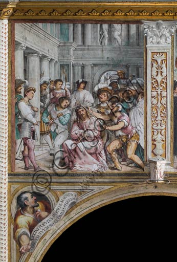 Cremona, Duomo (Cattedrale di S. Maria Assunta), interno, presbiterio, tredicesimo arcone:  "Incoronazione di spine", affresco di Girolamo Romanino, 1519.