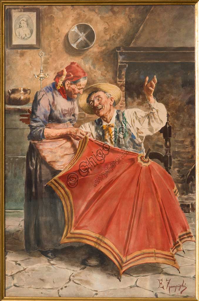 Collezione Assicoop - Unipol: Eugenio Zampighi (1859-1944), "Interno con due figure". Acquerello, cm. 53x35.