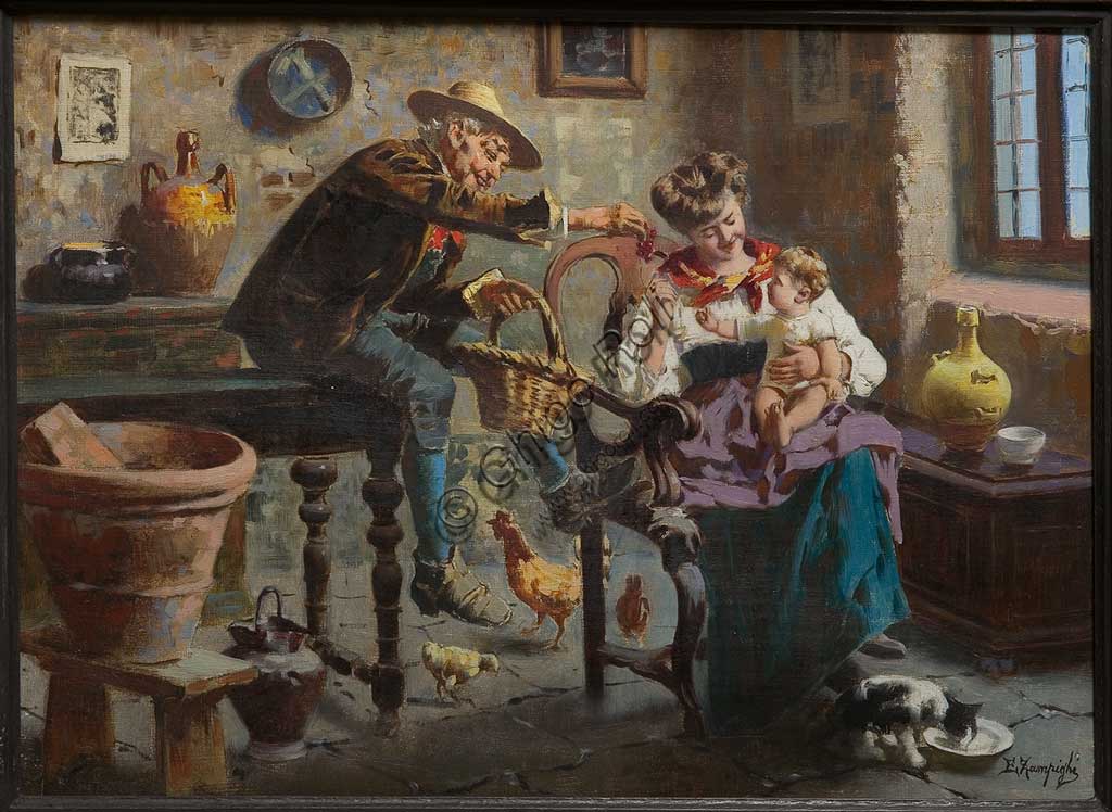 Collezione Assicoop - Unipol: "Interno con uomo, donna e bambina", di Eugenio Zampighi (1859 - 1944), olio su tela.