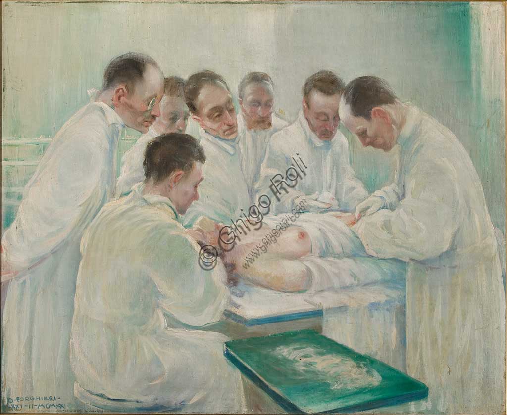 Collezione Assicoop - Unipol: GIOVANNI FORGHIERI (1898-1944): "Intervento chirurgico", olio su tela, cm 120 x 98.
