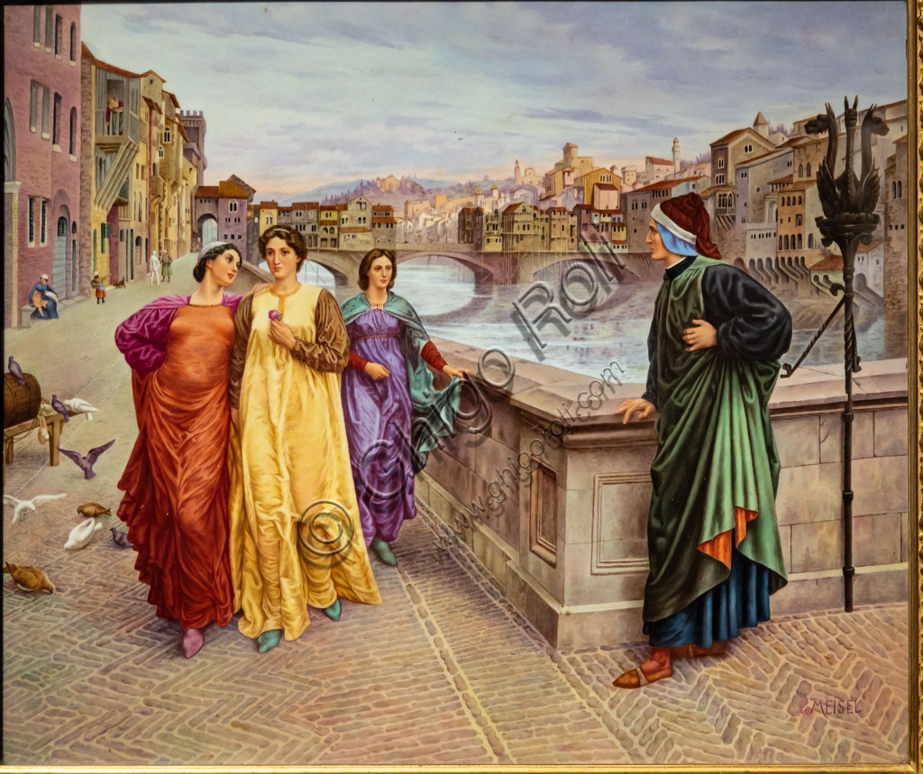 “Incontro di Dante e Beatrice”, di Gustav Meisel (copia da Henry Holiday), fine XIX secolo, porcellana dipinta, Konigliche Porzellan Manufaktor Berlin.